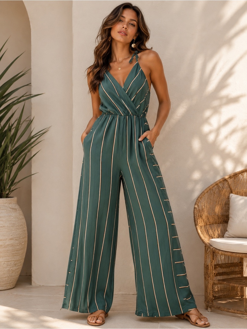 Anthropologie Teal and Cream Striped Wide-Leg Jumpsuit